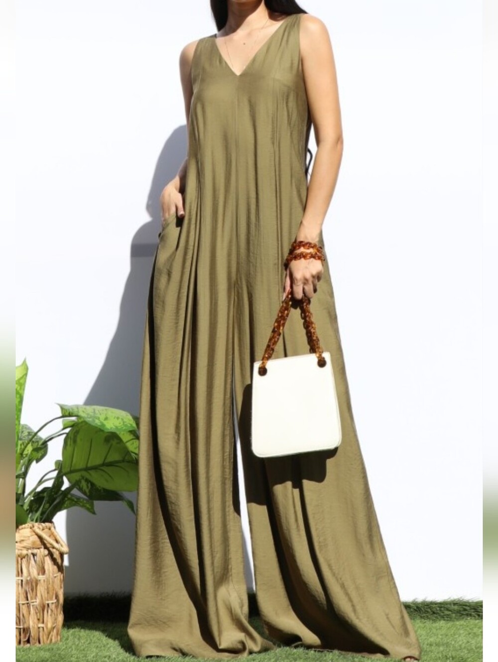 Sleeveless Wide-Leg V-Neck Jumpsuit in Olive Green NWT